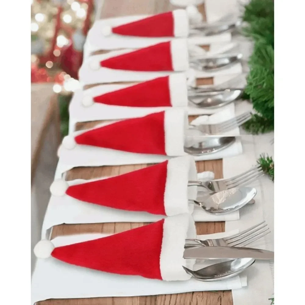 4pcs Christmas Hat Shaped Fabric Cutlery Holder, Christmas Hat Utensil Pouch